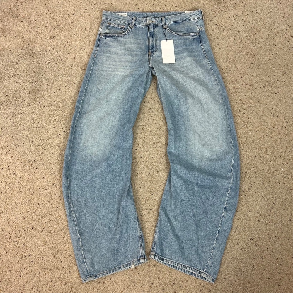 NEW Zara Shifted Seams Jeans Barrel Leg Low Rise Full Length Size 8 Women's